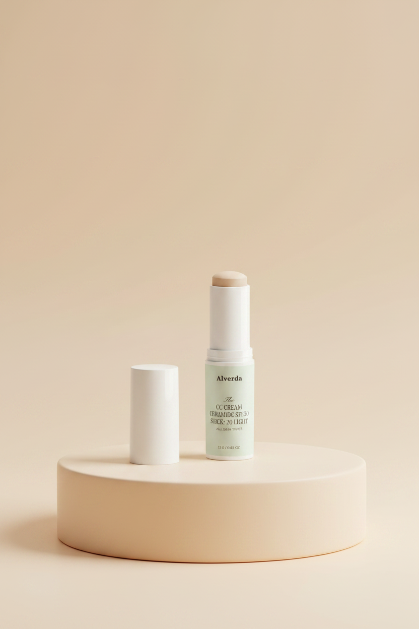 CC Cream stick on a beige pedestal, studio lighting