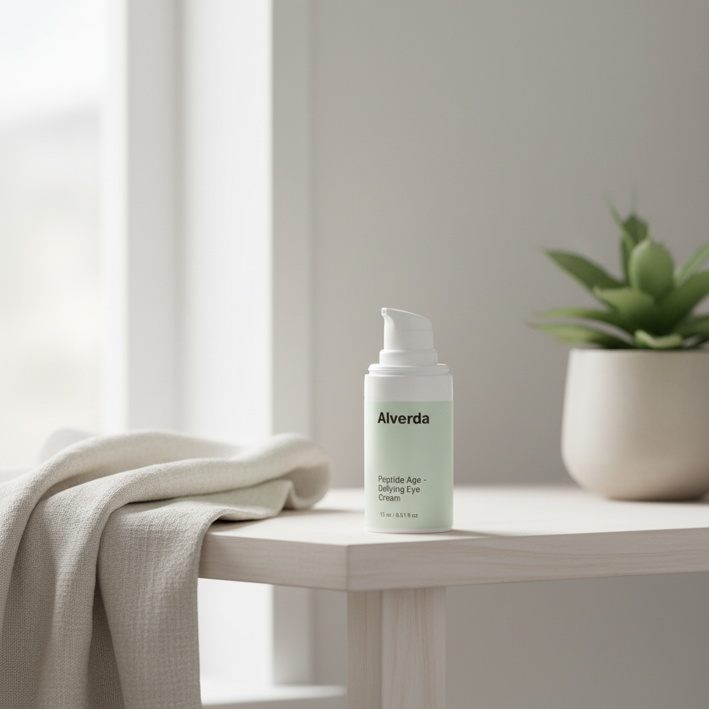 Peptide Age-Defying Eye Cream on a bathroom shelf with a linen towel
