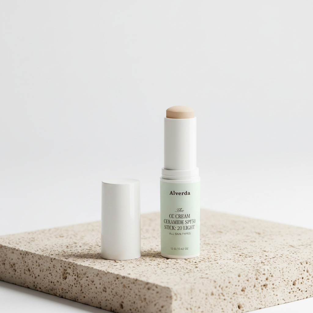 CC Cream Ceramide SPF30 Stick 20 Light on a beige stone surface in daylight