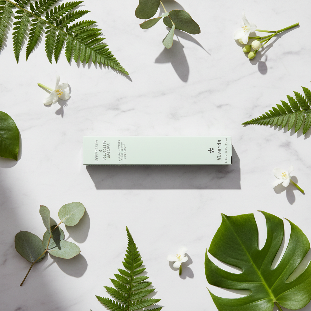 Mascara – flat lay med botaniska element