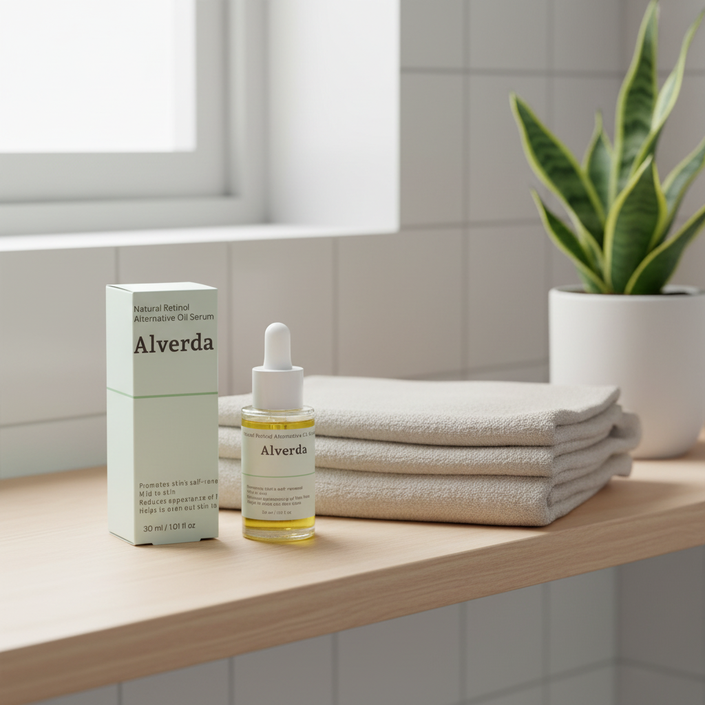Natural Retinol Alternative Oil Serum on a bathroom shelf with a linen towel
