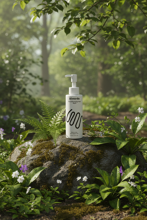 Alverda Acne Purifying Face Wash på mossig sten omgiven av ormbunkar i naturligt solljus