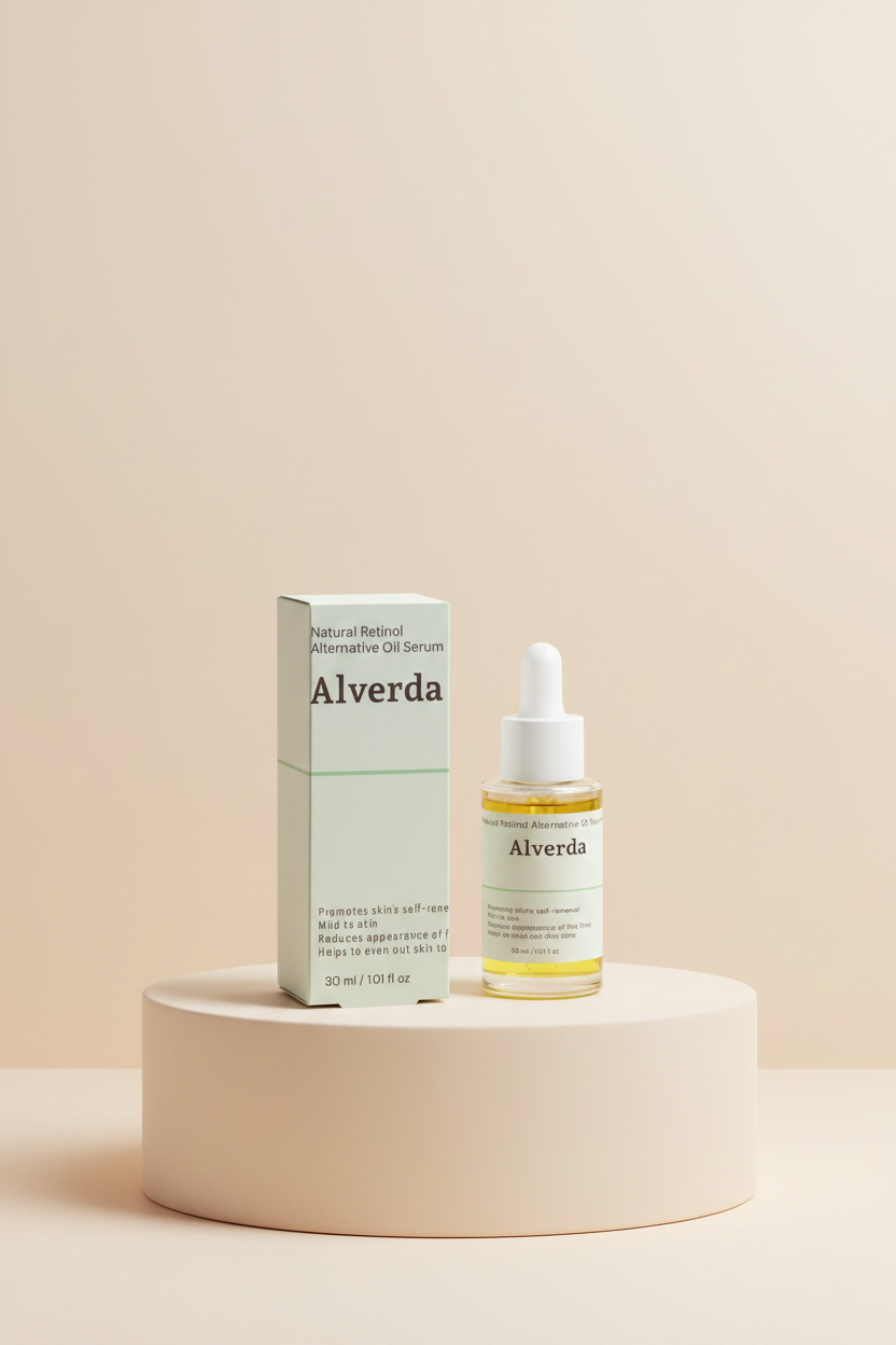 Natural Retinol Alternative Oil Serum on a beige pedestal, studio lighting