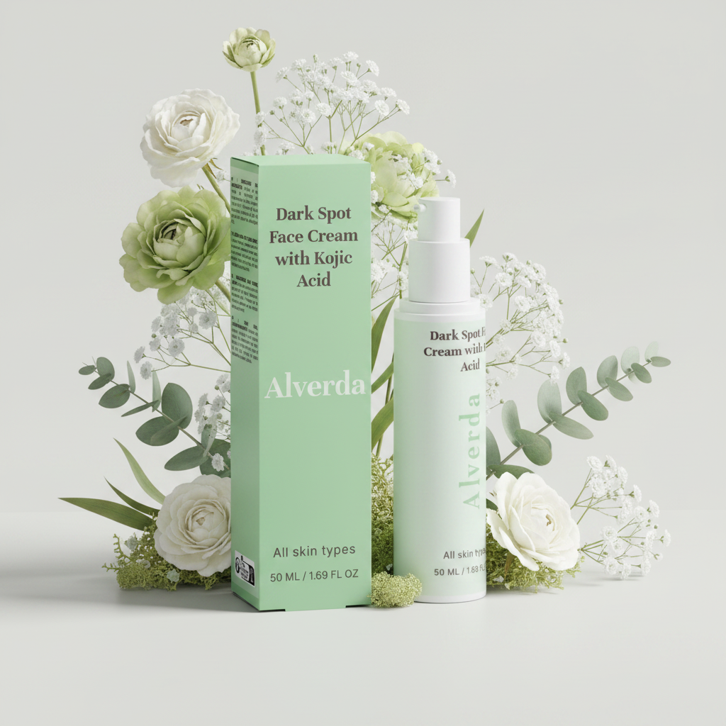 Dark Spot Face Cream with Kojic Acid med vita blommor