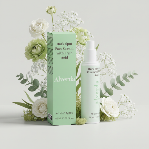 Dark Spot Face Cream with Kojic Acid med vita blommor