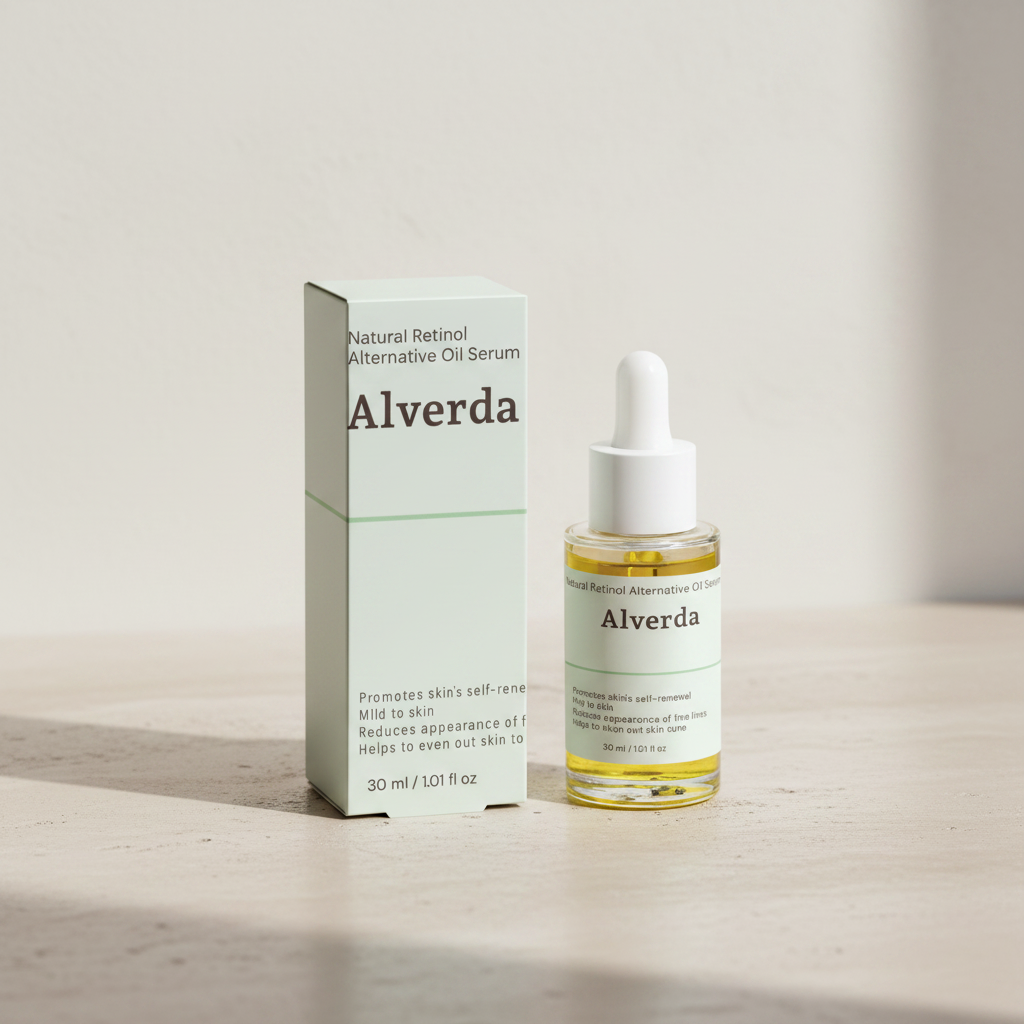 Natural Retinol Alternative Oil Serum on a beige stone surface in daylight