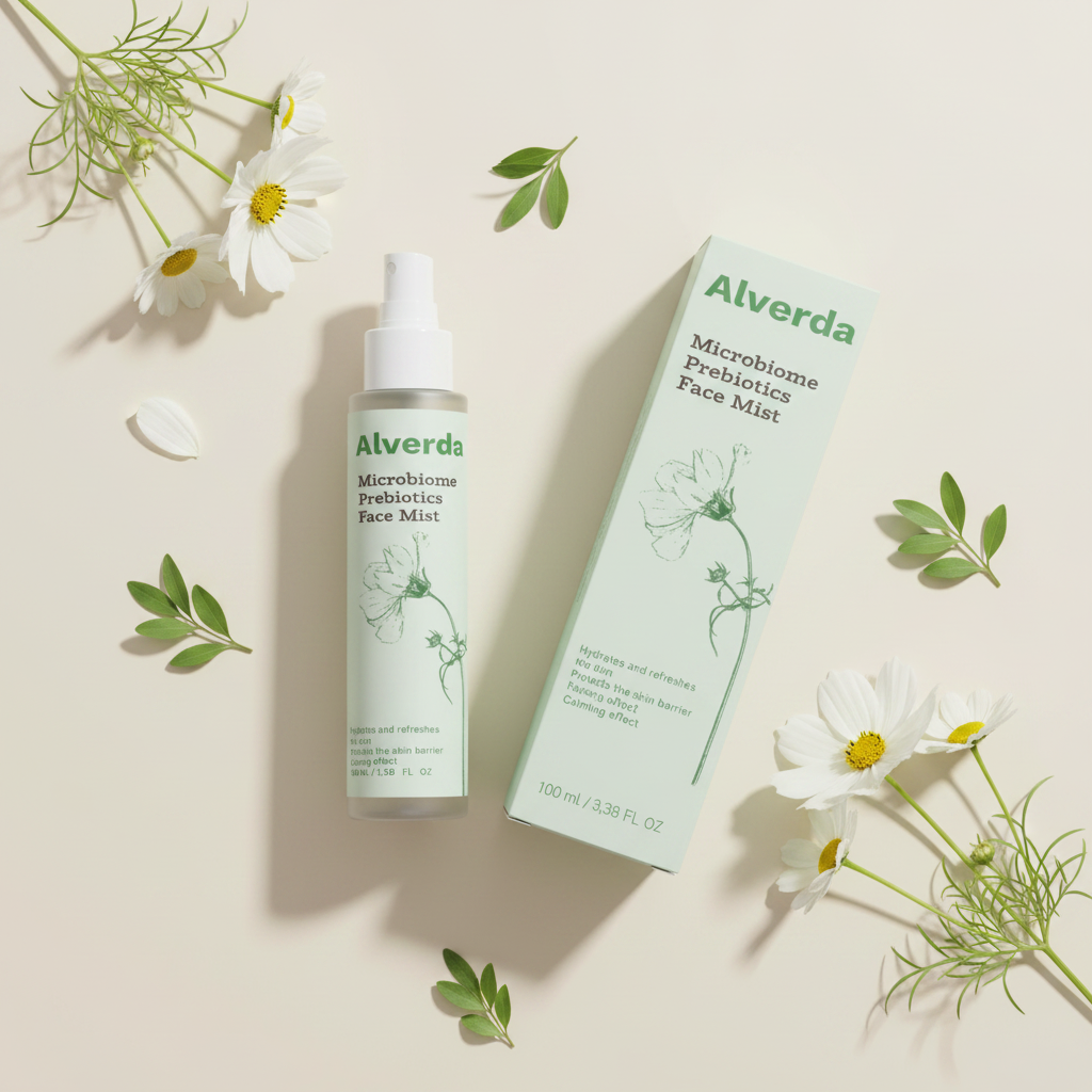 Microbiome Prebiotics Face Mist flat lay med vita blommor