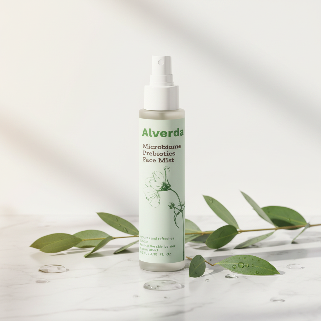 Microbiome Prebiotics Face Mist på marmor med gröna blad