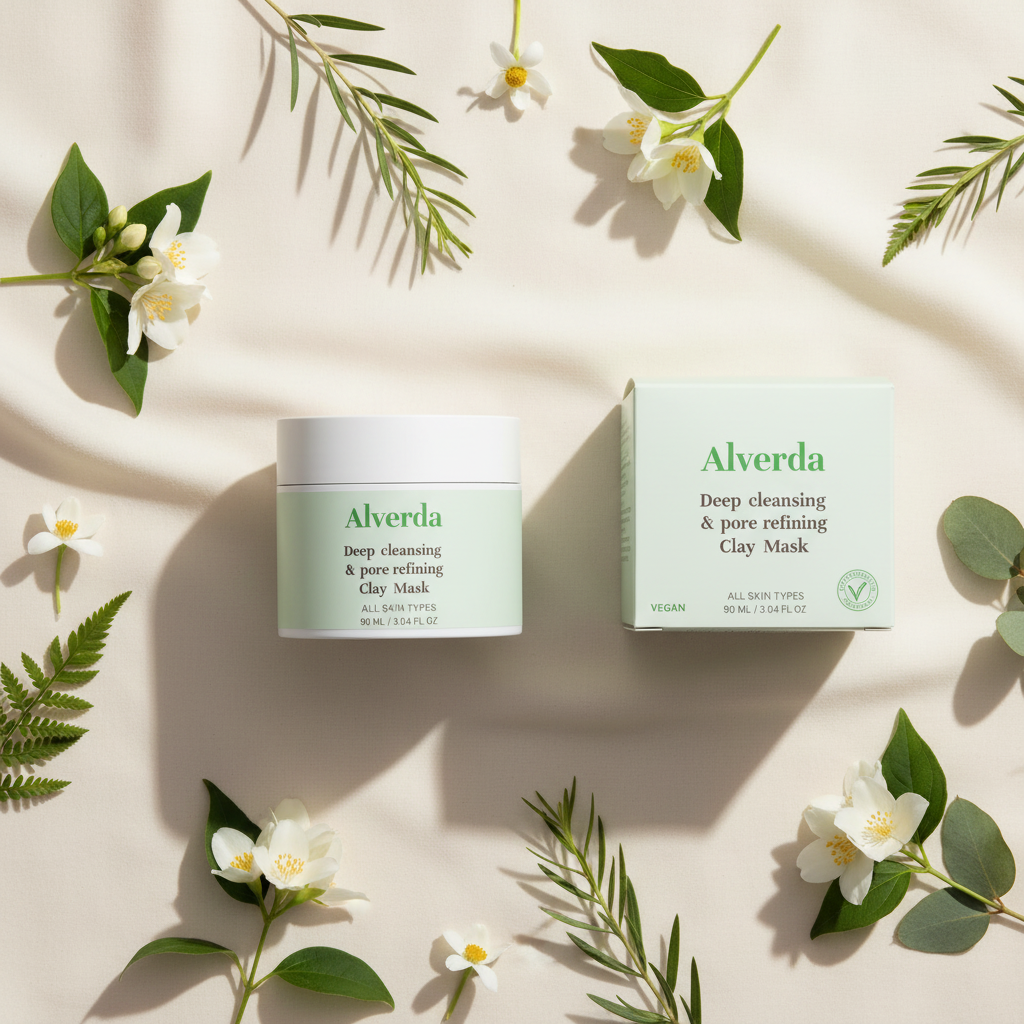 Clay Mask for Pores and Blackheads flat lay med vita blommor