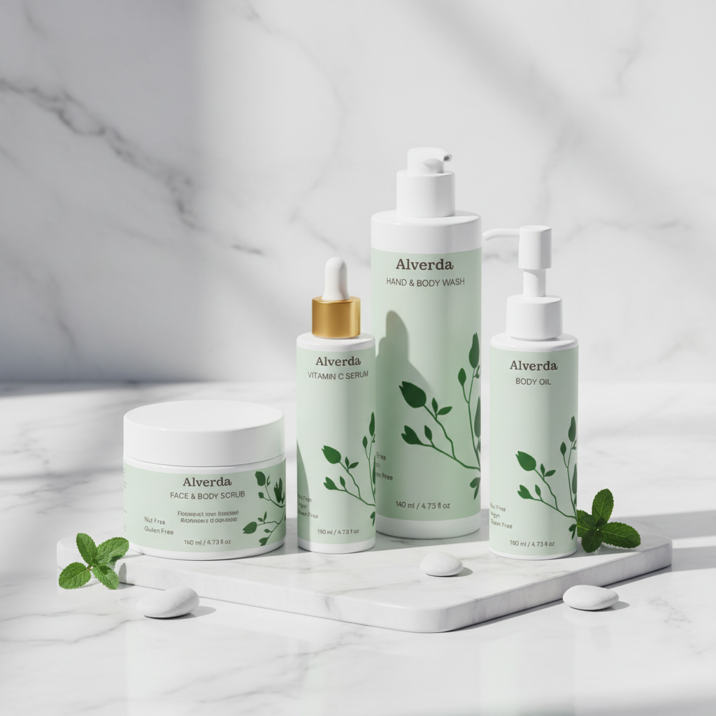 Alverda Full Body Glow Bundle – fyra hudvårdsprodukter på marmor