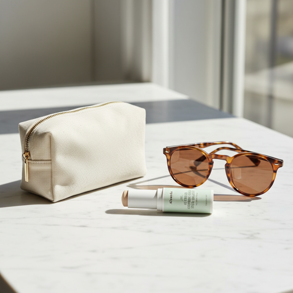 CC Cream stick on marble beside sunglasses and a makeup pouch