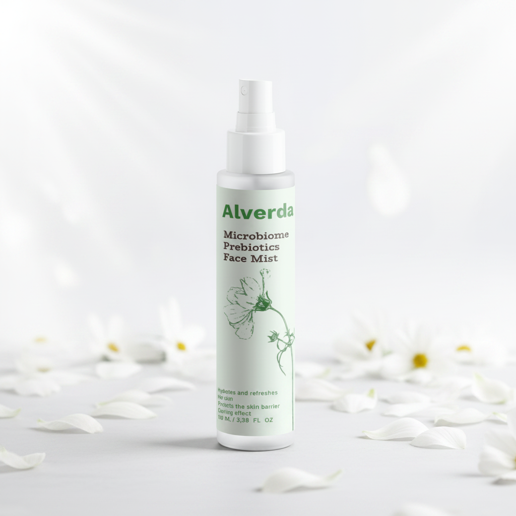Microbiome Prebiotics Face Mist närbild med vita kronblad