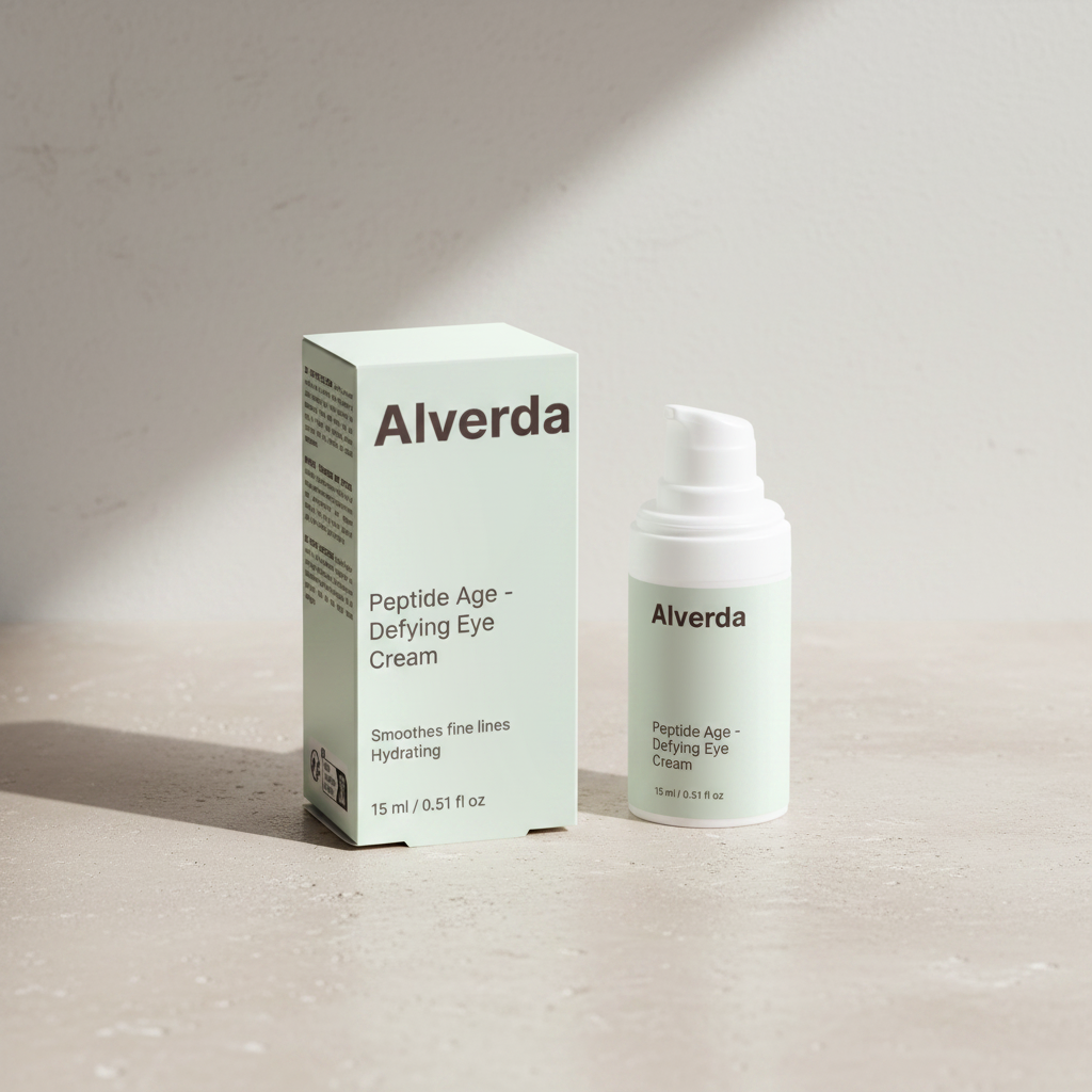 Peptide Age-Defying Eye Cream on a beige stone surface in daylight