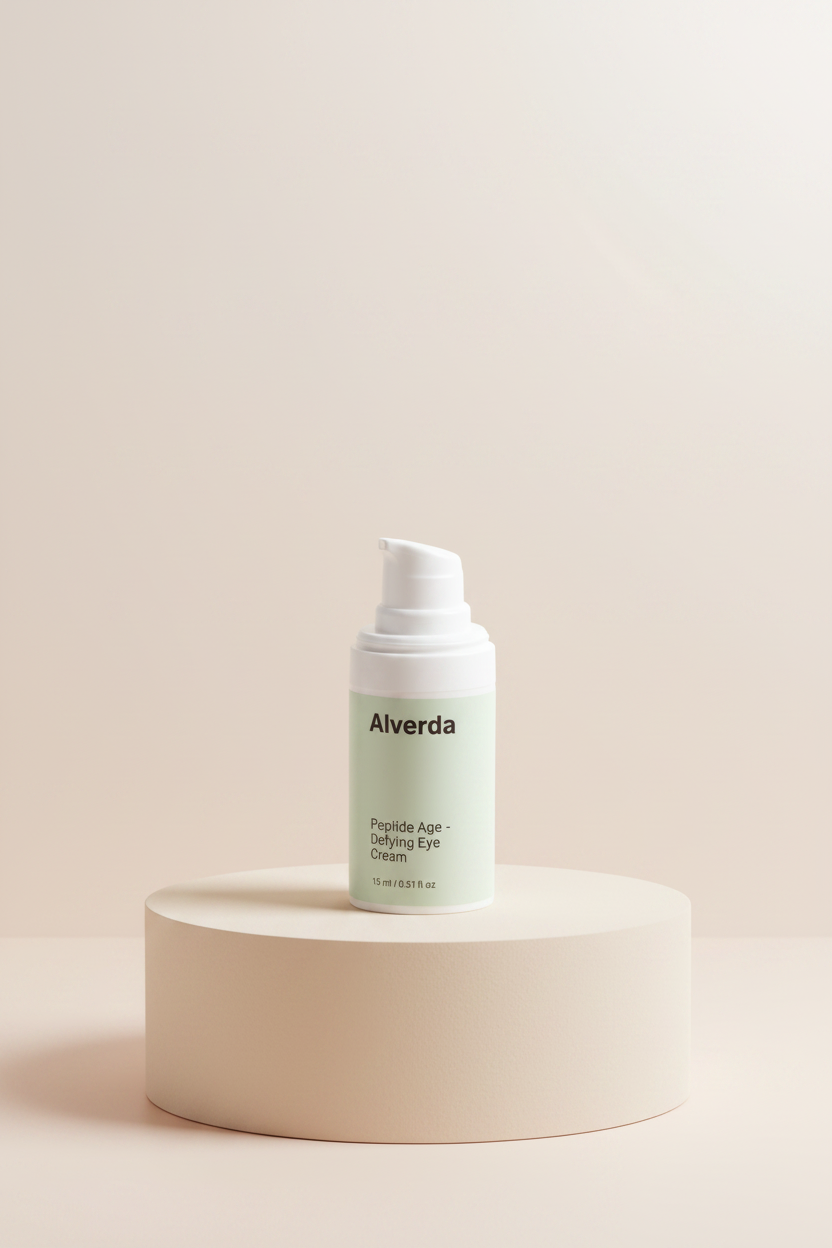 Peptide Age-Defying Eye Cream on a beige pedestal, studio lighting