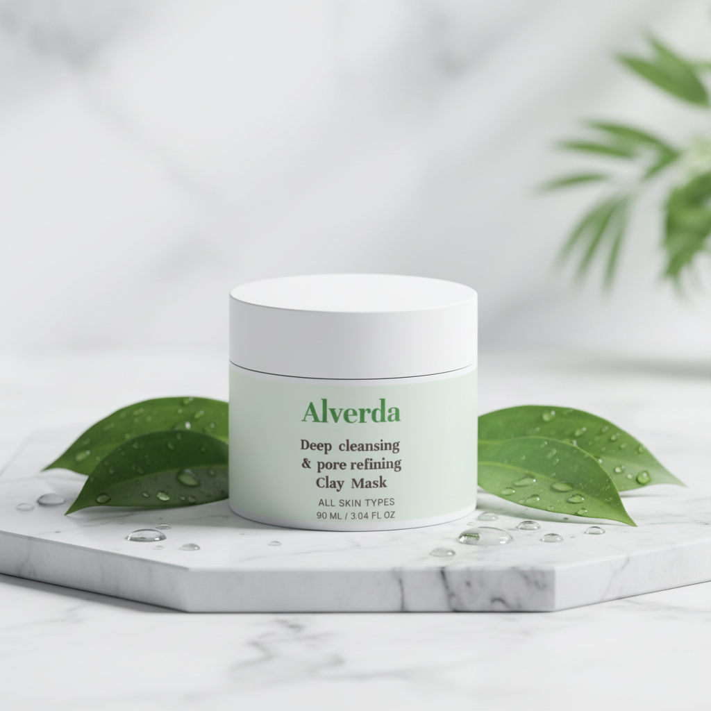 Clay Mask for Pores and Blackheads på marmor med gröna blad