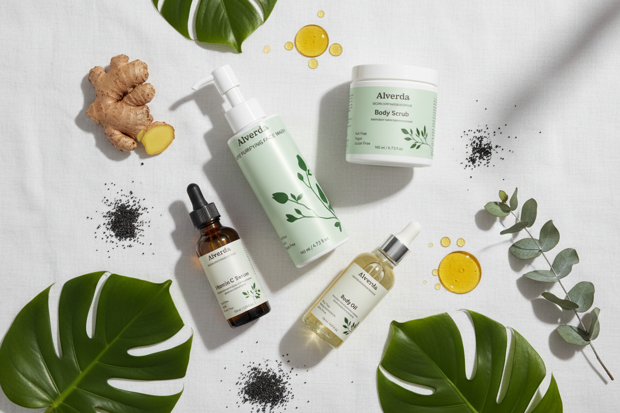 Alverda Full Body Glow Bundle – flat lay med botaniska ingredienser