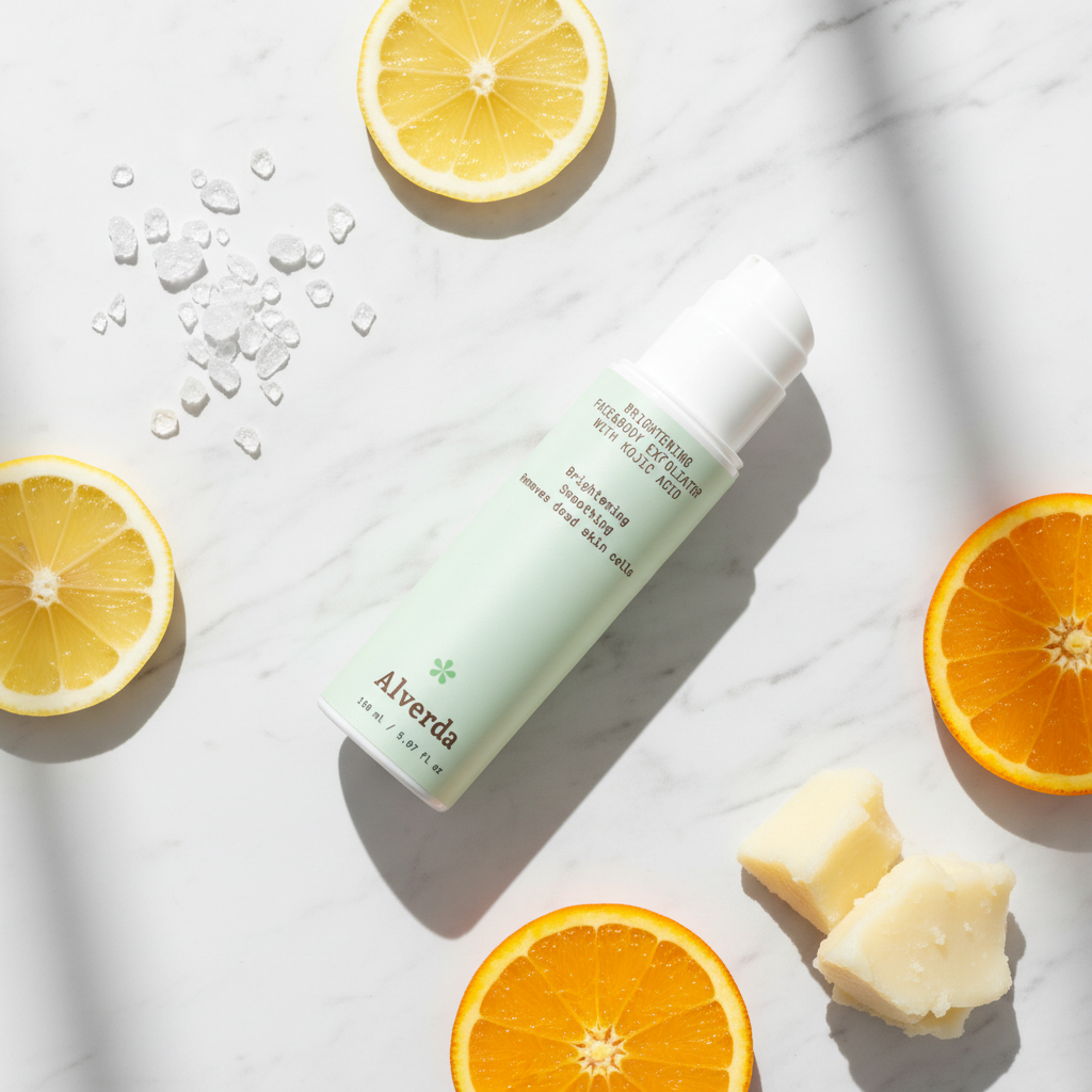 Brightening Face Body Exfoliator flat lay