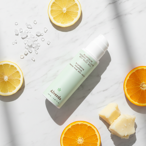 Brightening Face Body Exfoliator flat lay